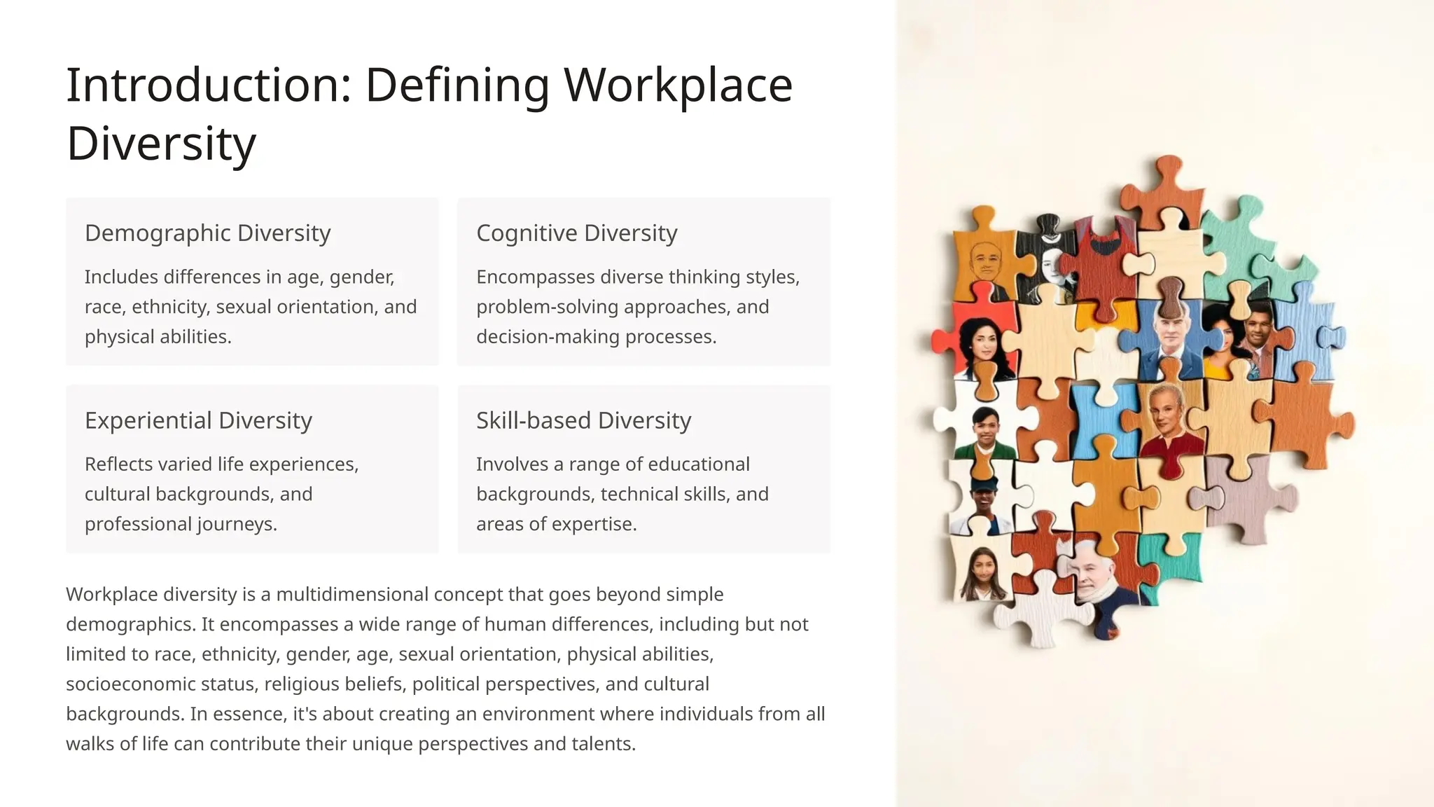 Introduction: Defining Workplace
Diversity
Demographic Diversity
Includes differences in age, gender,
race, ethnicity, sexual orientation, and
physical abilities.
Cognitive Diversity
Encompasses diverse thinking styles,
problem-solving approaches, and
decision-making processes.
Experiential Diversity
Reflects varied life experiences,
cultural backgrounds, and
professional journeys.
Skill-based Diversity
Involves a range of educational
backgrounds, technical skills, and
areas of expertise.
Workplace diversity is a multidimensional concept that goes beyond simple
demographics. It encompasses a wide range of human differences, including but not
limited to race, ethnicity, gender, age, sexual orientation, physical abilities,
socioeconomic status, religious beliefs, political perspectives, and cultural
backgrounds. In essence, it's about creating an environment where individuals from all
walks of life can contribute their unique perspectives and talents.
 