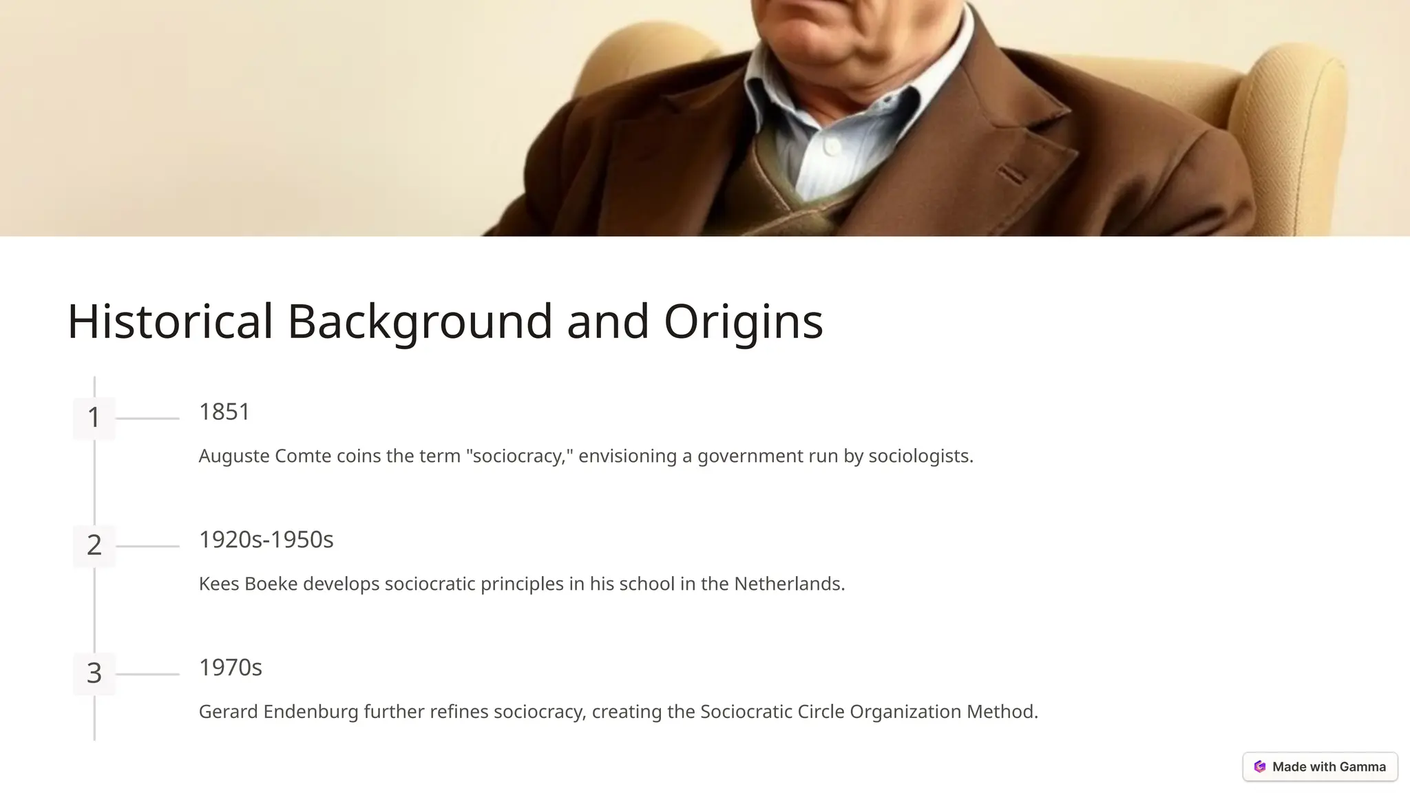 Historical Background and Origins
1 1851
Auguste Comte coins the term "sociocracy," envisioning a government run by sociologists.
2 1920s-1950s
Kees Boeke develops sociocratic principles in his school in the Netherlands.
3 1970s
Gerard Endenburg further refines sociocracy, creating the Sociocratic Circle Organization Method.
 