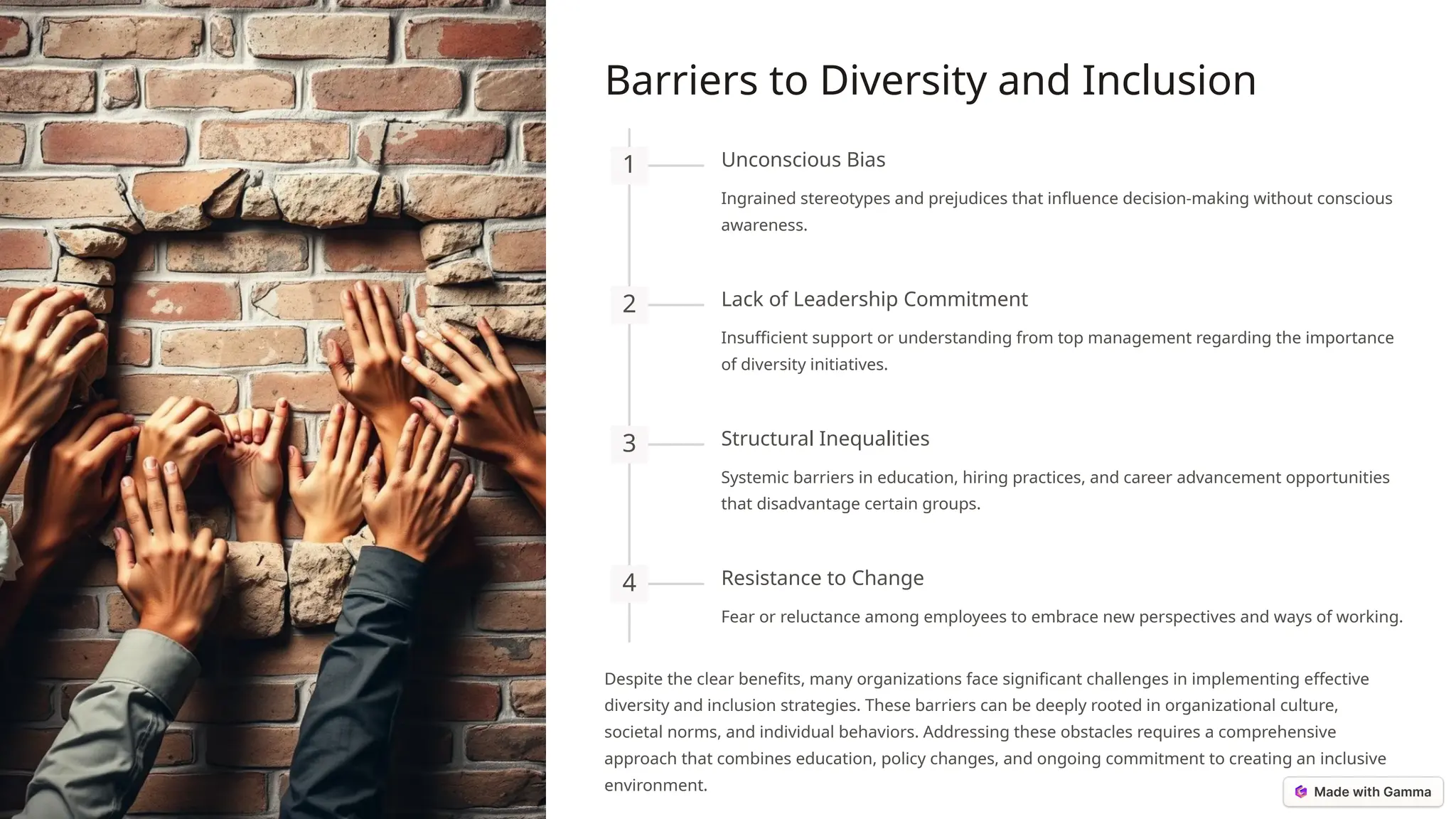 Barriers to Diversity and Inclusion
1 Unconscious Bias
Ingrained stereotypes and prejudices that influence decision-making without conscious
awareness.
2 Lack of Leadership Commitment
Insufficient support or understanding from top management regarding the importance
of diversity initiatives.
3 Structural Inequalities
Systemic barriers in education, hiring practices, and career advancement opportunities
that disadvantage certain groups.
4 Resistance to Change
Fear or reluctance among employees to embrace new perspectives and ways of working.
Despite the clear benefits, many organizations face significant challenges in implementing effective
diversity and inclusion strategies. These barriers can be deeply rooted in organizational culture,
societal norms, and individual behaviors. Addressing these obstacles requires a comprehensive
approach that combines education, policy changes, and ongoing commitment to creating an inclusive
environment.
 