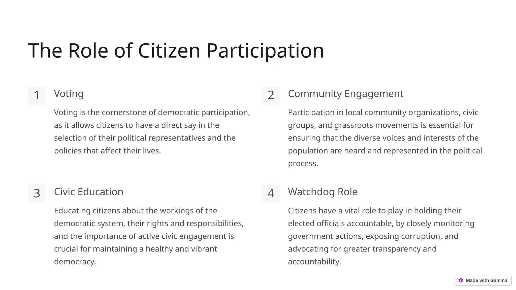The Role of Citizen Participation
1 Voting
Voting is the cornerstone of democratic participation,
as it allows citizens to have a direct say in the
selection of their political representatives and the
policies that affect their lives.
2 Community Engagement
Participation in local community organizations, civic
groups, and grassroots movements is essential for
ensuring that the diverse voices and interests of the
population are heard and represented in the political
process.
3 Civic Education
Educating citizens about the workings of the
democratic system, their rights and responsibilities,
and the importance of active civic engagement is
crucial for maintaining a healthy and vibrant
democracy.
4 Watchdog Role
Citizens have a vital role to play in holding their
elected officials accountable, by closely monitoring
government actions, exposing corruption, and
advocating for greater transparency and
accountability.
 