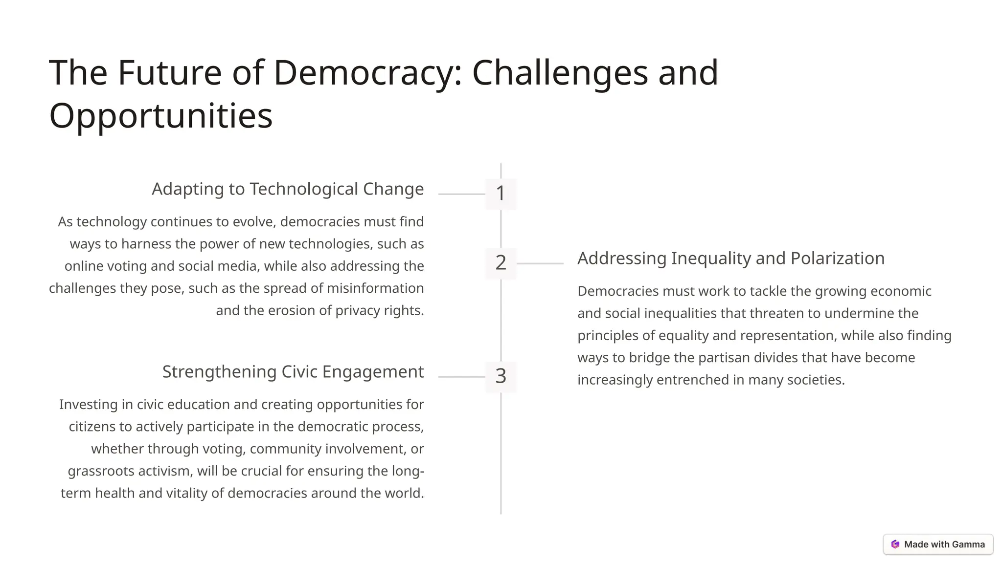 The Future of Democracy: Challenges and
Opportunities
1
Adapting to Technological Change
As technology continues to evolve, democracies must find
ways to harness the power of new technologies, such as
online voting and social media, while also addressing the
challenges they pose, such as the spread of misinformation
and the erosion of privacy rights.
2 Addressing Inequality and Polarization
Democracies must work to tackle the growing economic
and social inequalities that threaten to undermine the
principles of equality and representation, while also finding
ways to bridge the partisan divides that have become
increasingly entrenched in many societies.
3
Strengthening Civic Engagement
Investing in civic education and creating opportunities for
citizens to actively participate in the democratic process,
whether through voting, community involvement, or
grassroots activism, will be crucial for ensuring the long-
term health and vitality of democracies around the world.
 