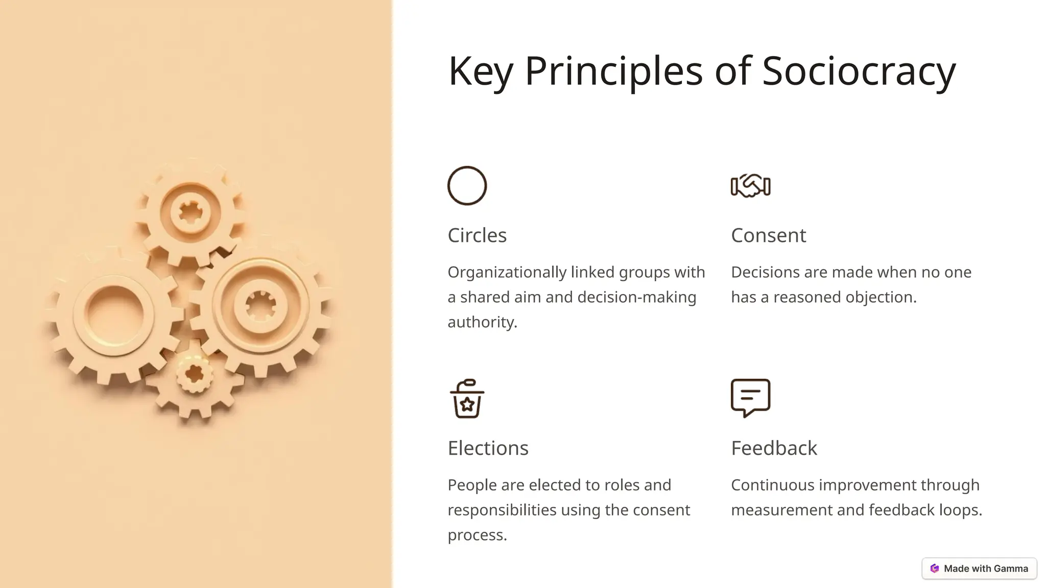 Key Principles of Sociocracy
Circles
Organizationally linked groups with
a shared aim and decision-making
authority.
Consent
Decisions are made when no one
has a reasoned objection.
Elections
People are elected to roles and
responsibilities using the consent
process.
Feedback
Continuous improvement through
measurement and feedback loops.
 