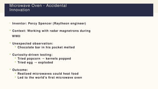 Microwave Oven - Accidental
Innovation
 Inventor: Percy Spencer (Raytheon engineer)
 Context: Working with radar magnetrons during
WWII
 Unexpected observation:
 Chocolate bar in his pocket melted
 Curiosity-driven testing:
 Tried popcorn → kernels popped
 Tried egg → exploded
 Outcome:
 Realized microwaves could heat food
 Led to the world's first microwave oven
 
