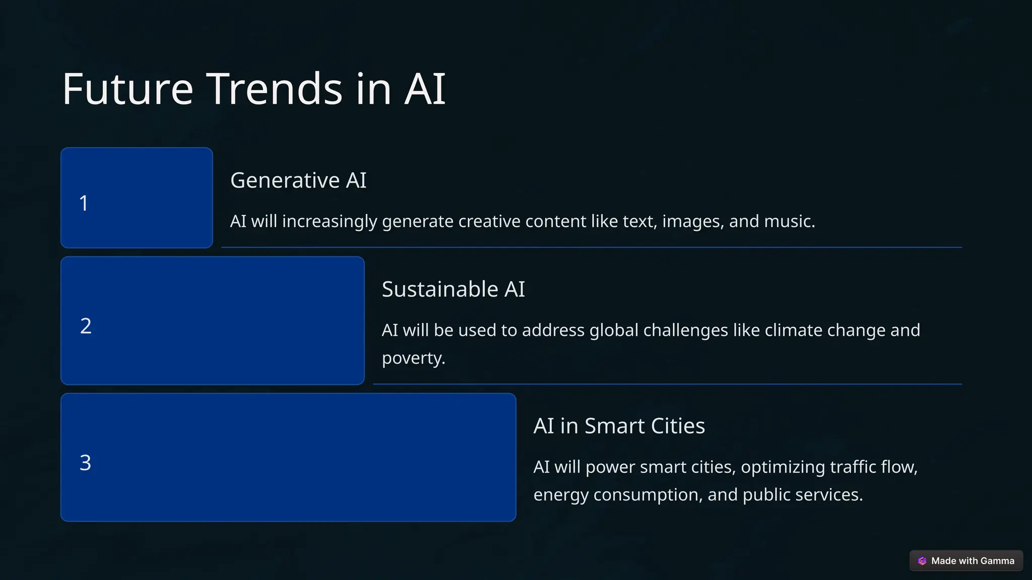 Future Trends in AI
1
Generative AI
AI will increasingly generate creative content like text, images, and music.
2
Sustainable AI
AI will be used to address global challenges like climate change and
poverty.
3
AI in Smart Cities
AI will power smart cities, optimizing traffic flow,
energy consumption, and public services.
 