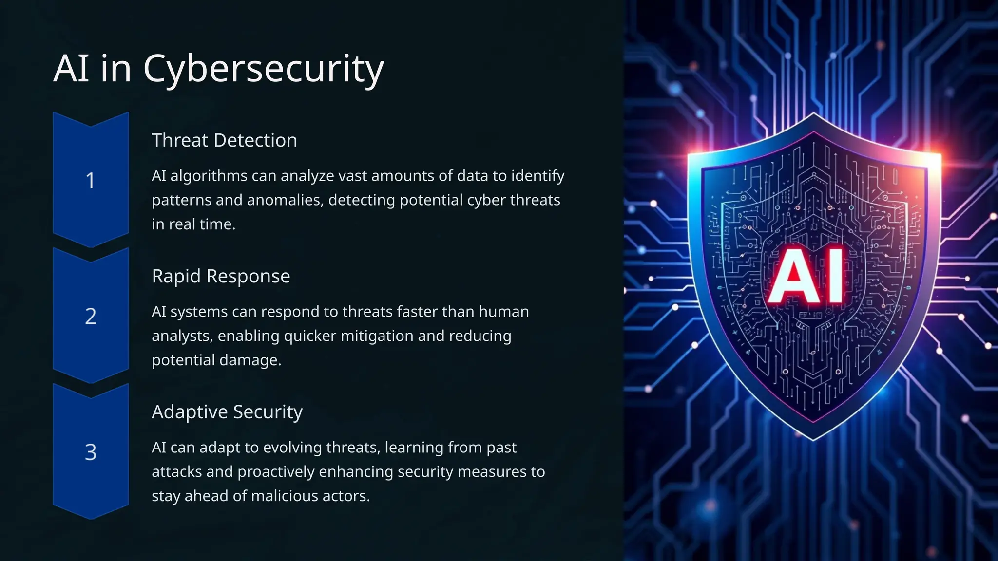 AI in Cybersecurity
Threat Detection
AI algorithms can analyze vast amounts of data to identify
patterns and anomalies, detecting potential cyber threats
in real time.
Rapid Response
AI systems can respond to threats faster than human
analysts, enabling quicker mitigation and reducing
potential damage.
Adaptive Security
AI can adapt to evolving threats, learning from past
attacks and proactively enhancing security measures to
stay ahead of malicious actors.
 