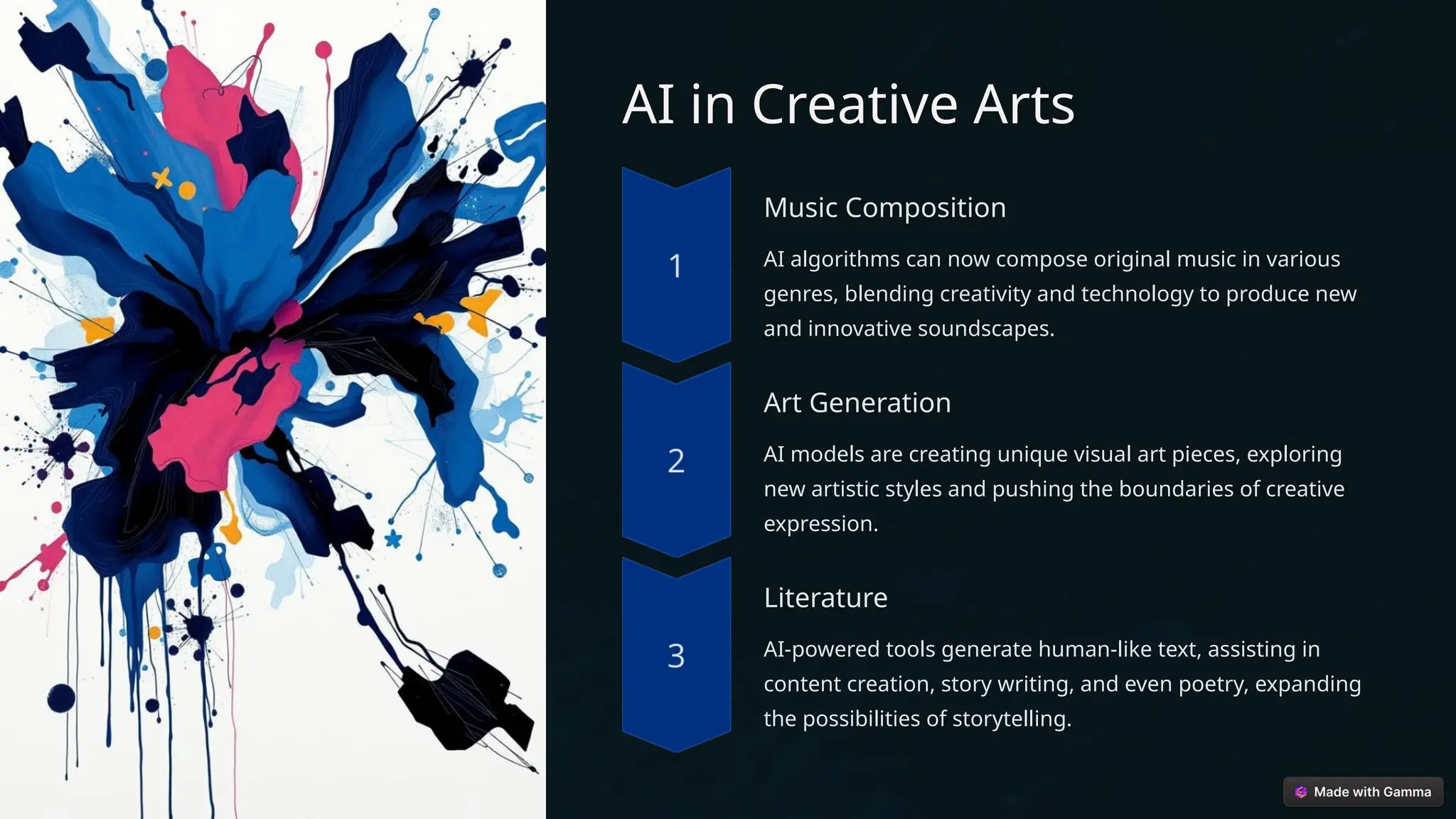 AI in Creative Arts
Music Composition
AI algorithms can now compose original music in various
genres, blending creativity and technology to produce new
and innovative soundscapes.
Art Generation
AI models are creating unique visual art pieces, exploring
new artistic styles and pushing the boundaries of creative
expression.
Literature
AI-powered tools generate human-like text, assisting in
content creation, story writing, and even poetry, expanding
the possibilities of storytelling.
 