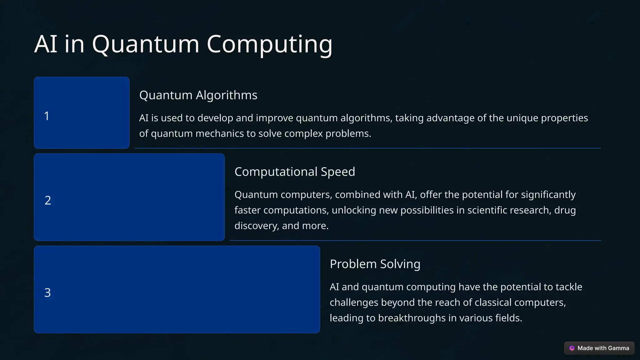 AI in Quantum Computing
1
Quantum Algorithms
AI is used to develop and improve quantum algorithms, taking advantage of the unique properties
of quantum mechanics to solve complex problems.
2
Computational Speed
Quantum computers, combined with AI, offer the potential for significantly
faster computations, unlocking new possibilities in scientific research, drug
discovery, and more.
3
Problem Solving
AI and quantum computing have the potential to tackle
challenges beyond the reach of classical computers,
leading to breakthroughs in various fields.
 