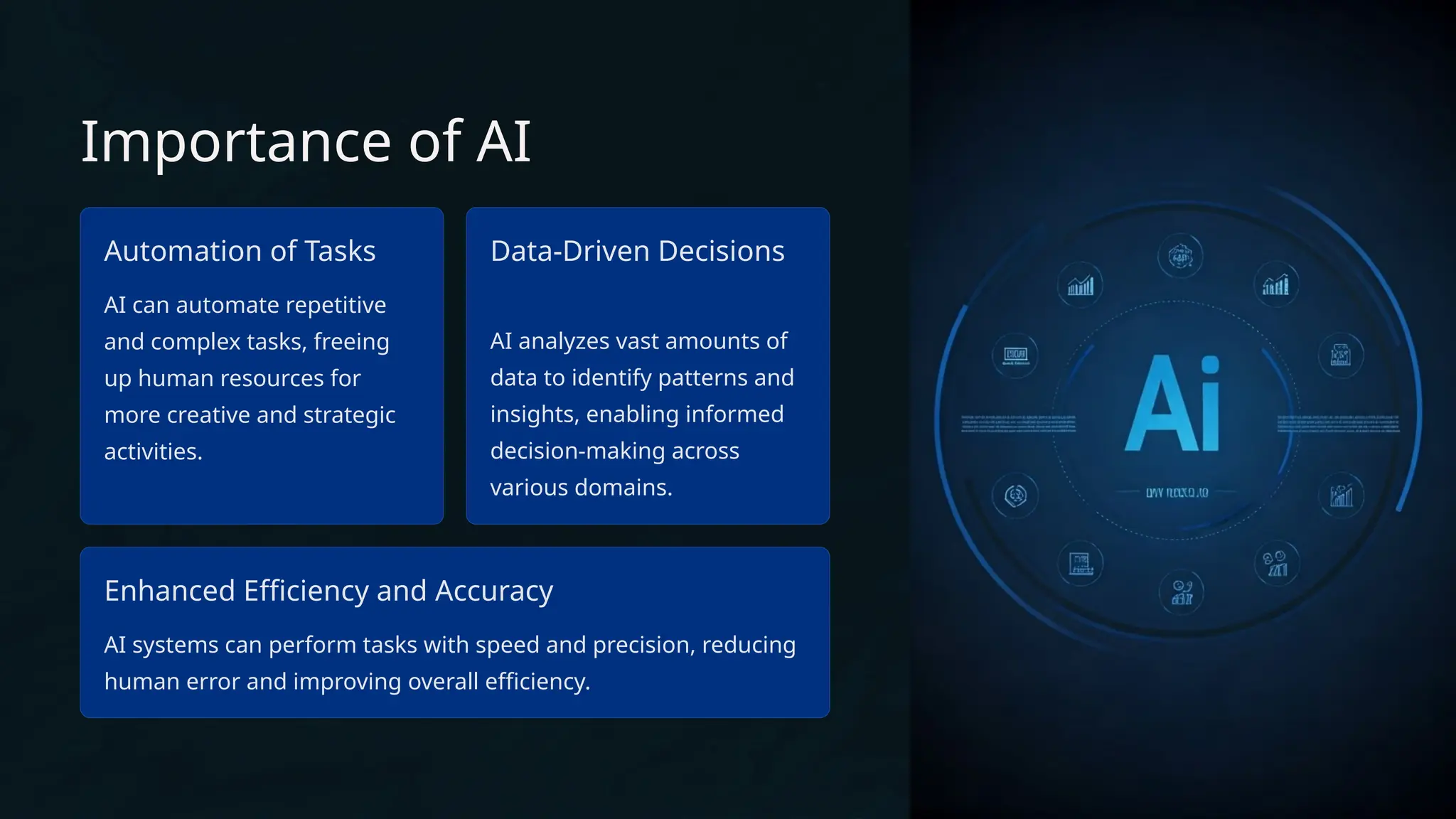 Importance of AI
Automation of Tasks
AI can automate repetitive
and complex tasks, freeing
up human resources for
more creative and strategic
activities.
Data-Driven Decisions
AI analyzes vast amounts of
data to identify patterns and
insights, enabling informed
decision-making across
various domains.
Enhanced Efficiency and Accuracy
AI systems can perform tasks with speed and precision, reducing
human error and improving overall efficiency.
 