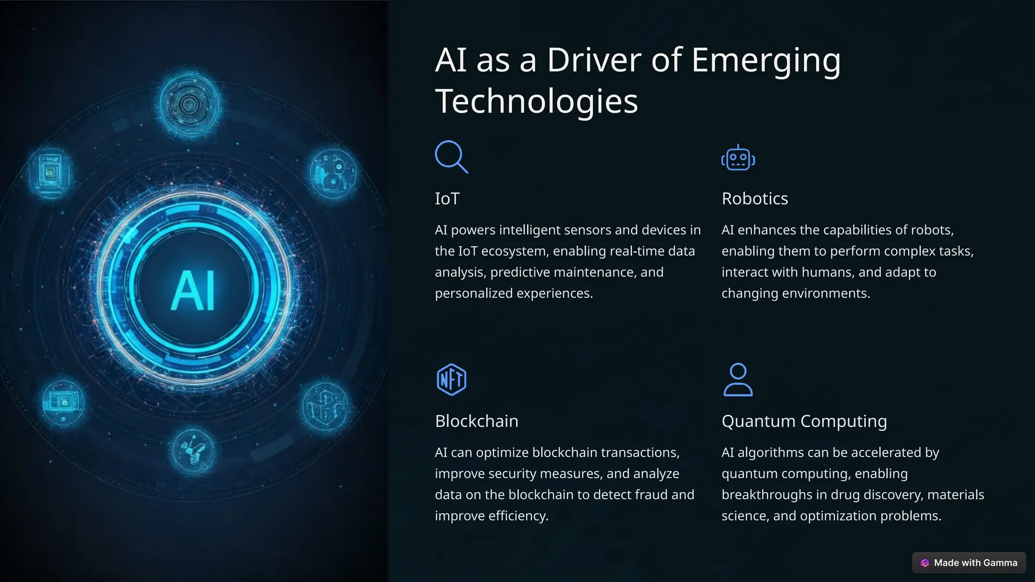 AI as a Driver of Emerging
Technologies
IoT
AI powers intelligent sensors and devices in
the IoT ecosystem, enabling real-time data
analysis, predictive maintenance, and
personalized experiences.
Robotics
AI enhances the capabilities of robots,
enabling them to perform complex tasks,
interact with humans, and adapt to
changing environments.
Blockchain
AI can optimize blockchain transactions,
improve security measures, and analyze
data on the blockchain to detect fraud and
improve efficiency.
Quantum Computing
AI algorithms can be accelerated by
quantum computing, enabling
breakthroughs in drug discovery, materials
science, and optimization problems.
 