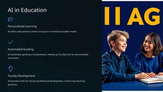 AI in Education
Personalized Learning
AI tailors educational content and pace to individual student needs.
Automated Grading
AI automates grading of assignments, freeing up faculty time for personalized
instruction.
Faculty Development
AI provides tools for faculty professional development, enhancing teaching
practices.
 