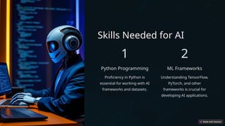 Skills Needed for AI
1
Python Programming
Proficiency in Python is
essential for working with AI
frameworks and datasets.
2
ML Frameworks
Understanding TensorFlow,
PyTorch, and other
frameworks is crucial for
developing AI applications.
 