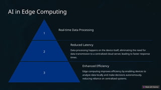 AI in Edge Computing
1
Real-time Data Processing
2
Reduced Latency
Data processing happens on the device itself, eliminating the need for
data transmission to a centralized cloud server, leading to faster response
times.
3
Enhanced Efficiency
Edge computing improves efficiency by enabling devices to
analyze data locally and make decisions autonomously,
reducing reliance on centralized systems.
 