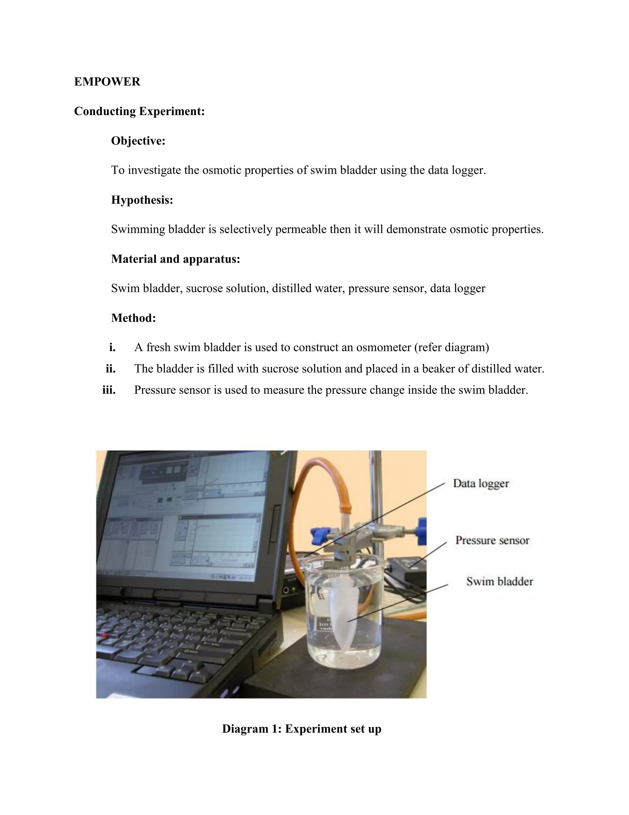 EMPOWER
Conducting Experiment:
Objective:
To investigate the osmotic properties of swim bladder using the data logger.
Hypothesis:
Swimming bladder is selectively permeable then it will demonstrate osmotic properties.
Material and apparatus:
Swim bladder, sucrose solution, distilled water, pressure sensor, data logger
Method:
i. A fresh swim bladder is used to construct an osmometer (refer diagram)
ii. The bladder is filled with sucrose solution and placed in a beaker of distilled water.
iii. Pressure sensor is used to measure the pressure change inside the swim bladder.
Diagram 1: Experiment set up
 