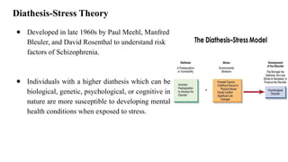 Diathesis-Stress Theory
● Developed in late 1960s by Paul Meehl, Manfred
Bleuler, and David Rosenthal to understand risk
factors of Schizophrenia.
● Individuals with a higher diathesis which can be
biological, genetic, psychological, or cognitive in
nature are more susceptible to developing mental
health conditions when exposed to stress.
 