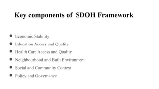 Key components of SDOH Framework
● Economic Stability
● Education Access and Quality
● Health Care Access and Quality
● Neighbourhood and Built Environment
● Social and Community Context
● Policy and Governance
 