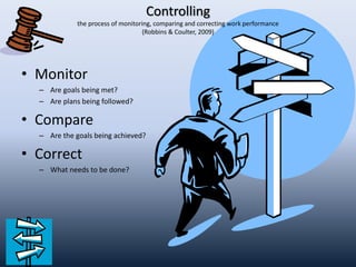 Controlling
the process of monitoring, comparing and correcting work performance
(Robbins & Coulter, 2009)
• Monitor
– Are goals being met?
– Are plans being followed?
• Compare
– Are the goals being achieved?
• Correct
– What needs to be done?
 