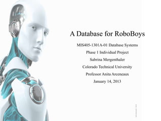 A Database for RoboBoys
MIS405-1301A-01 Database Systems
Phase 1 Individual Project
Sabrina Mergenthaler
Colorado Technical University
Professor Anita Arceneaux
January 14, 2013
 