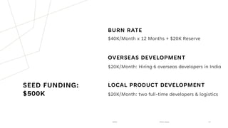 SEED FUNDING:
$500K
BURN RATE
$40K/Month x 12 Months + $20K Reserve
OVERSEAS DEVELOPMENT
$20K/Month: Hiring 6 overseas developers in India
LOCAL PRODUCT DEVELOPMENT
$20K/Month: two full-time developers & logistics
20XX Pitch Deck 17
 