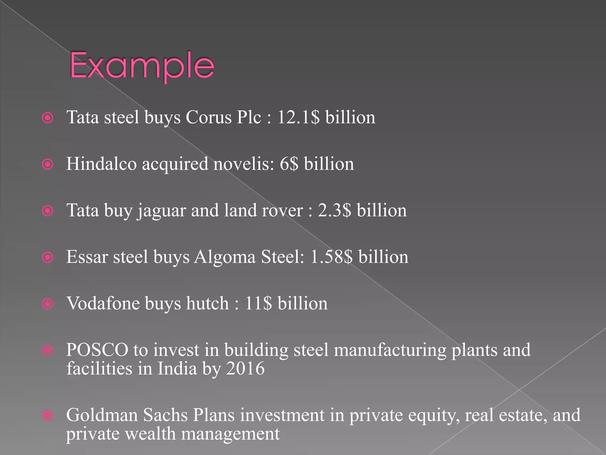  Tata steel buys Corus Plc : 12.1$ billion
 Hindalco acquired novelis: 6$ billion
 Tata buy jaguar and land rover : 2.3$ billion
 Essar steel buys Algoma Steel: 1.58$ billion
 Vodafone buys hutch : 11$ billion
 POSCO to invest in building steel manufacturing plants and
facilities in India by 2016
 Goldman Sachs Plans investment in private equity, real estate, and
private wealth management
 