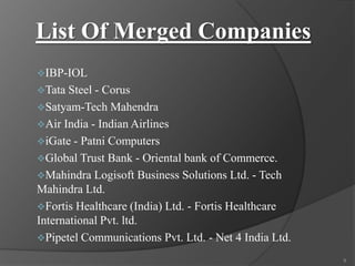 List Of Merged Companies
IBP-IOL

Tata Steel

- Corus
Satyam-Tech Mahendra
Air India - Indian Airlines
iGate - Patni Computers
Global Trust Bank - Oriental bank of Commerce.
Mahindra Logisoft Business Solutions Ltd. - Tech
Mahindra Ltd.
Fortis Healthcare (India) Ltd. - Fortis Healthcare
International Pvt. ltd.
Pipetel Communications Pvt. Ltd. - Net 4 India Ltd.
9

 
