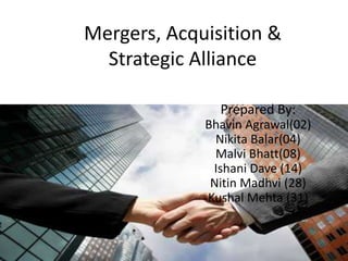 Mergers, Acquisition &
Strategic Alliance
Prepared By:
Bhavin Agrawal(02)
Nikita Balar(04)
Malvi Bhatt(08)
Ishani Dave (14)
Nitin Madhvi (28)
Kushal Mehta (31)
 