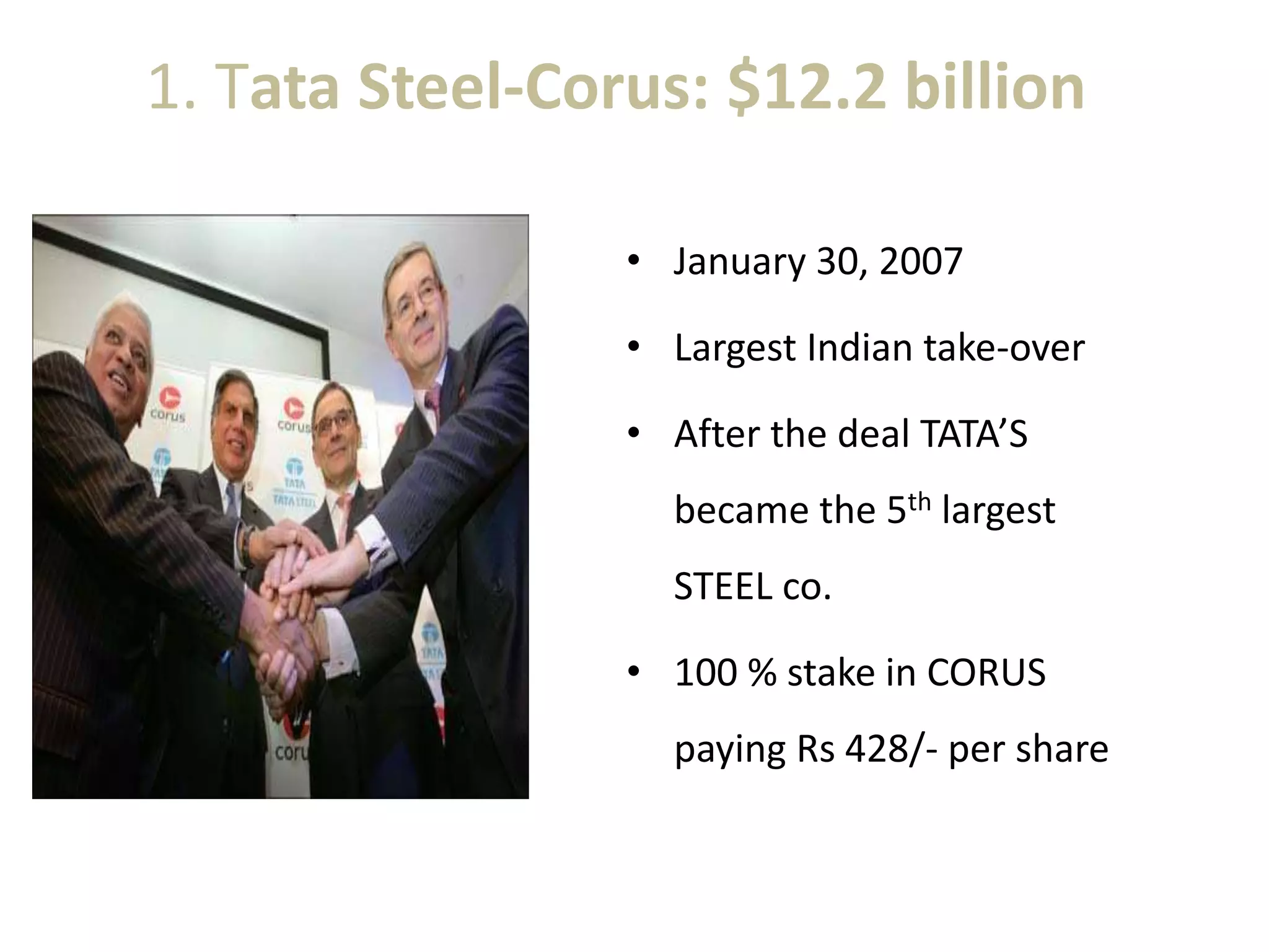 1. Tata Steel-Corus: $12.2 billion
• January 30, 2007
• Largest Indian take-over
• After the deal TATA’S
became the 5th largest
STEEL co.
• 100 % stake in CORUS
paying Rs 428/- per share
 