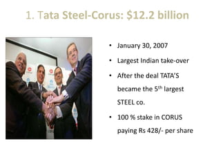 1. Tata Steel-Corus: $12.2 billion
• January 30, 2007
• Largest Indian take-over
• After the deal TATA’S
became the 5th largest
STEEL co.
• 100 % stake in CORUS
paying Rs 428/- per share
 