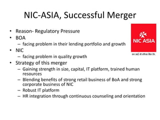 NIC-ASIA, Successful Merger
• Reason- Regulatory Pressure
• BOA
– facing problem in their lending portfolio and growth
• NIC
– facing problem in quality growth
• Strategy of this merger
– Gaining strength in size, capital, IT platform, trained human
resources
– Blending benefits of strong retail business of BoA and strong
corporate business of NIC
– Robust IT platform
– HR integration through continuous counseling and orientation
 
