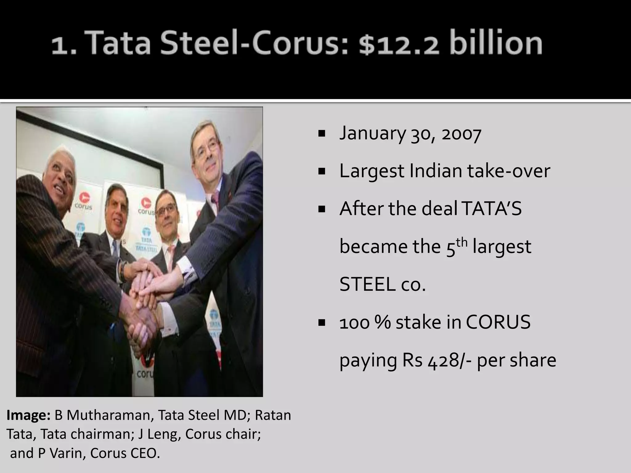  January 30, 2007
 Largest Indian take-over
 After the dealTATA’S
became the 5th largest
STEEL co.
 100 % stake in CORUS
paying Rs 428/- per share
Image: B Mutharaman, Tata Steel MD; Ratan
Tata, Tata chairman; J Leng, Corus chair;
and P Varin, Corus CEO.
 