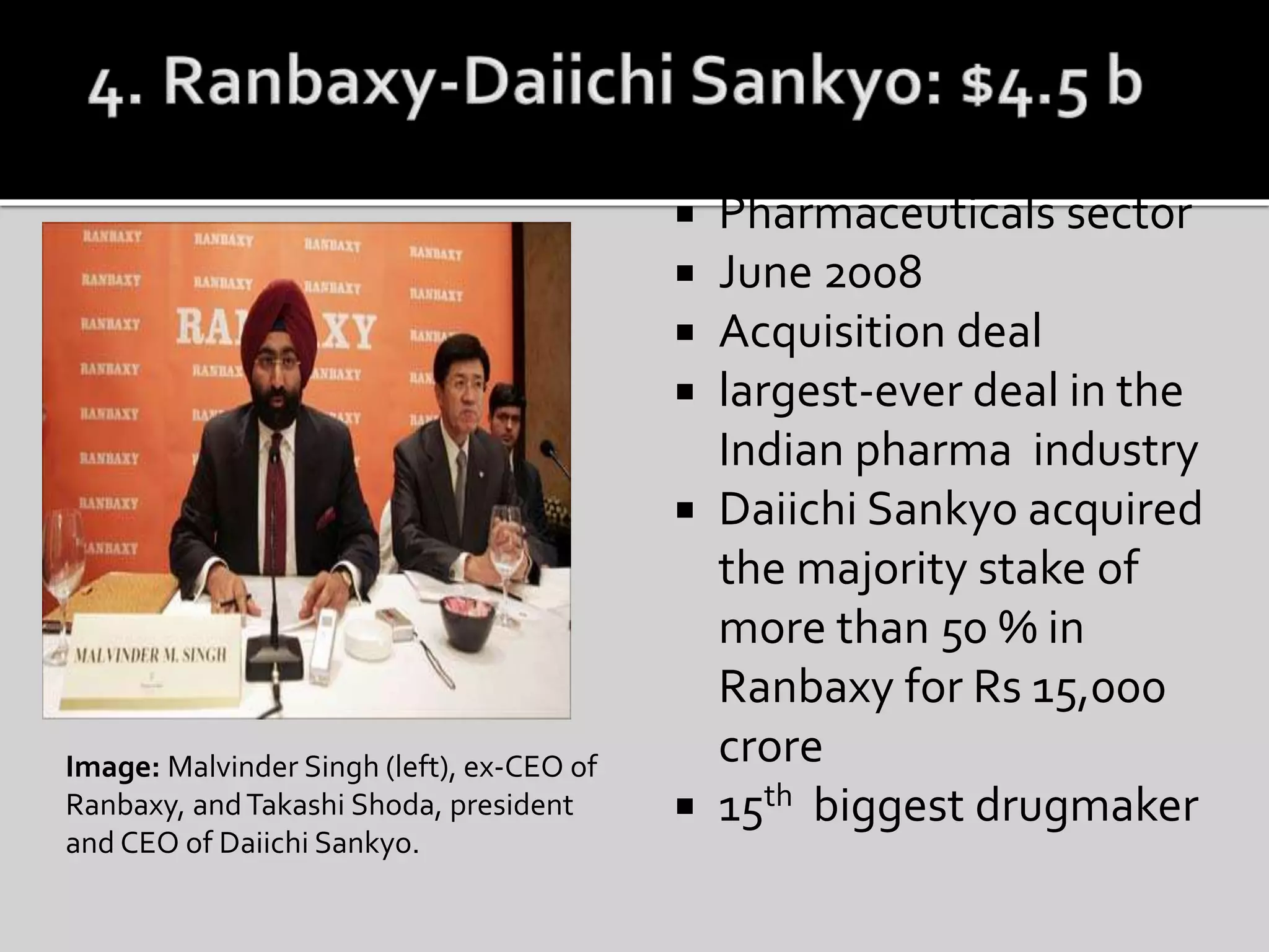  Pharmaceuticals sector
 June 2008
 Acquisition deal
 largest-ever deal in the
Indian pharma industry
 Daiichi Sankyo acquired
the majority stake of
more than 50 % in
Ranbaxy for Rs 15,000
crore
 15th biggest drugmaker
Image: Malvinder Singh (left), ex-CEO of
Ranbaxy, andTakashi Shoda, president
and CEO of Daiichi Sankyo.
 