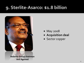  May 2008
 Acquisition deal
 Sector copper
Vedanta Group chairman
Anil Agarwal.
23
 