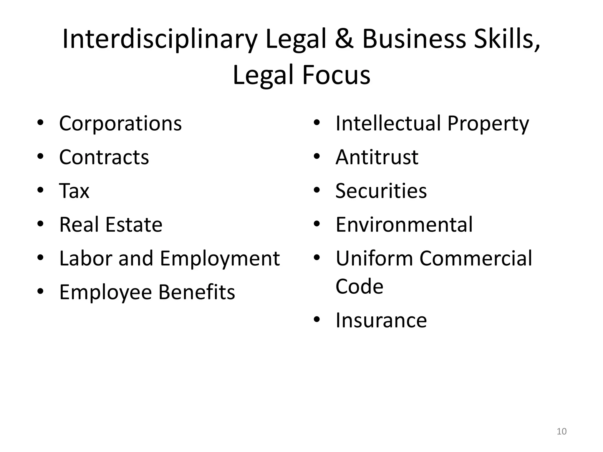 Interdisciplinary Legal & Business Skills,
Legal Focus
• Corporations
• Contracts
• Tax
• Real Estate
• Labor and Employment
• Employee Benefits
• Intellectual Property
• Antitrust
• Securities
• Environmental
• Uniform Commercial
Code
• Insurance
10
 