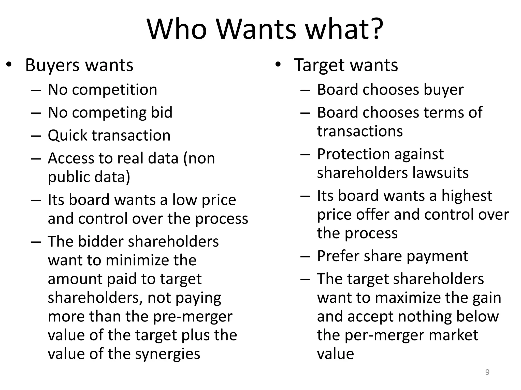 Who Wants what?
• Buyers wants
– No competition
– No competing bid
– Quick transaction
– Access to real data (non
public data)
– Its board wants a low price
and control over the process
– The bidder shareholders
want to minimize the
amount paid to target
shareholders, not paying
more than the pre-merger
value of the target plus the
value of the synergies
• Target wants
– Board chooses buyer
– Board chooses terms of
transactions
– Protection against
shareholders lawsuits
– Its board wants a highest
price offer and control over
the process
– Prefer share payment
– The target shareholders
want to maximize the gain
and accept nothing below
the per-merger market
value
9
 