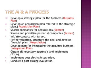 Develop a strategic plan for the business.( Business Plan ) Develop an acquisition plan related to the strategic plan.(  Acquisition Plan ) Search companies for acquisitions.( Search ) Screen and prioritize potential companies.( Screen ) Initiate contact with target. Refine valuation, structure the deal and develop financial plan.(  Negotiation ) Develop plan for integrating the acquired business. ( Integration Plan ) Obtain all necessary approvals and implement closing. Implement post closing integration. Conduct a post closing evaluation. 