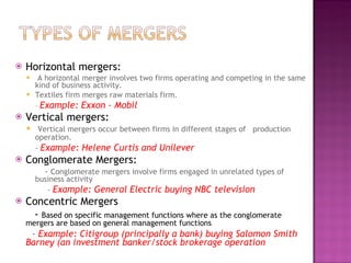 Horizontal mergers: A horizontal merger involves two firms operating and competing in the same kind of business activity. Textiles firm merges raw materials firm. -  Example: Exxon - Mobil Vertical mergers: Vertical mergers occur between firms in different stages of  production operation.   -  Example: Helene Curtis and Unilever Conglomerate Mergers: -  Conglomerate mergers involve firms engaged in unrelated types of business activity -  Example: General Electric buying NBC television  Concentric Mergers -  Based on specific management functions where as the conglomerate mergers are based on general management functions -  Example: Citigroup (principally a bank) buying Salomon Smith Barney (an investment banker/stock brokerage operation 