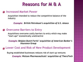 Reasons for M & A Example:   Belgian-Dutch Fortis’ acquisition of American Banker’s Insurance Group Example:   Watson Pharmaceuticals’ acquisition of TheraTech Example:  British Petroleum’s acquisition of U.S. Amoco Increased Market Power Acquisition intended to reduce the competitive balance of the industry Overcome Barriers to Entry Acquisitions overcome costly barriers to entry which may make “start-ups” economically unattractive Buying established businesses reduces risk of start-up ventures Lower Cost and Risk of New Product Development 