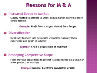 Example:   General Electric’s acquisition of NBC Example:   Kraft Food’s acquisition of Boca Burger Example:   CNET’s acquisition of mySimon Reasons for M & A Increased Speed to Market Closely related to Barriers to Entry, allows market entry in a more timely fashion Diversification Quick way to move into businesses when firm currently lacks experience and depth in industry Reshaping Competitive Scope Firms may use acquisitions to restrict its dependence on a single or a few products or markets 