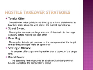 Tender Offer General offer made publicly and directly to a firm’s shareholders to buy their stock at a price well above  the current market price. Street Sweep The acquirer accumulates large amounts of the stocks in the target company before making the open offer Bear Hug The acquirer tries to put pressure on the management of the target firm by threatening to make an open offer Strategic Alliance An acquirer offers a partnership rather than a buyout of the target firm. Brand Power The acquiring firm enters into an alliance with other powerful brands to displace the competitor’s  brand. 