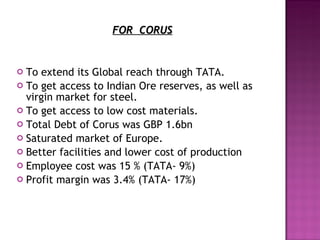 To extend its Global reach through TATA. To get access to Indian Ore reserves, as well as virgin market for steel. To get access to low cost materials. Total Debt of Corus was GBP 1.6bn Saturated market of Europe. Better facilities and lower cost of production Employee cost was 15 % (TATA- 9%) Profit margin was 3.4% (TATA- 17%) FOR  CORUS 