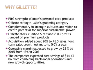 P&G strength: Women’s personal care products Gillette strength: Men’s grooming category Complementary in strength cultures and vision to create potential for superior sustainable growth Gillette stock climbed 50% since 2003,profits jumped on premium products Acquisition added about 20% to P&G sales, long term sales growth estimate to 5-7% a year Operating margin expected to grow by 25 % by 2015 from 19% in 2003 The companies expected cost savings of $14-16 bn from combining back-room operations and new growth opportunities. 