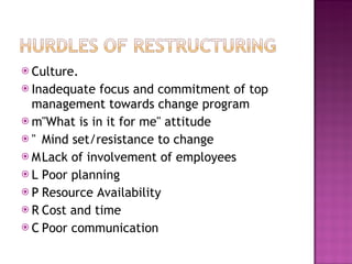 Culture. Inadequate focus and commitment of top management towards change program   "What is in it for me" attitude   Mind set/resistance to change   Lack of involvement of employees   Poor planning   Resource Availability   Cost and time   Poor communication 