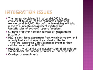 The merger would result in around 6,000 job cuts, equivalent to 4% of the two companies' combined workforce of 140,000. Most of the downsizing will take place to eliminate management overlaps and consolidation of business support functions.  Cultural problems absence because of geographical proximity P&G is considered a promote-from-within company, and already had a lot of executive talent at the top. Therefore, absorbing Gillette's management to their satisfaction could be difficult P&G's ability to handle this massive cultural assimilation would decide the success or failure of this acquisition. Overlaps of some brands 