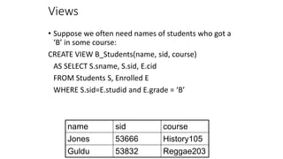 Views
• Suppose we often need names of students who got a
‘B’ in some course:
CREATE VIEW B_Students(name, sid, course)
AS SELECT S.sname, S.sid, E.cid
FROM Students S, Enrolled E
WHERE S.sid=E.studid and E.grade = ‘B’
name sid course
Jones 53666 History105
Guldu 53832 Reggae203
 