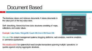 Document Based
Thedatabase stores and retrieves documents. It stores documents in
the value part of the key-value store.
Self- describing, hierarchical tree data structures consisting of maps,
collections, and scalar values.
Example: Lotus Notes, MongoDB, Couch DB,Orient DB,Raven DB.
We use it for content management systems, blogging platforms, web analytics, real-time analytics,
e- commerce applications.
We wouldavoid it for systemsthat need complextransactionsspanningmultiple operations or
queries against varying aggregate structures.
10
 