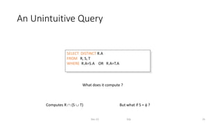 SELECT DISTINCT R.A
FROM R, S, T
WHERE R.A=S.A OR R.A=T.A
An Unintuitive Query
Dec-22 SQL 25
Computes R  (S  T) But what if S = f ?
What does it compute ?
 