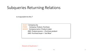 Subqueries Returning Relations
Dec-22 SQL 27
SELECT Company.city
FROM Company, Product, Purchase
WHERE Company.name= Product.maker
AND Product.pname = Purchase.product
AND Purchase.buyer = ‘Joe Blow’
Is it equivalent to this ?
Beware of duplicates !
 