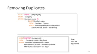 Removing Duplicates
Dec-22 SQL 28
Now
they are
equivalent
SELECT DISTINCT Company.city
FROM Company
WHERE Company.name IN
(SELECT Product.maker
FROM Purchase , Product
WHERE Product.pname=Purchase.product
AND Purchase .buyer = ‘Joe Blow‘);
SELECT DISTINCT Company.city
FROM Company, Product, Purchase
WHERE Company.name= Product.maker
AND Product.pname = Purchase.product
AND Purchase.buyer = ‘Joe Blow’
 
