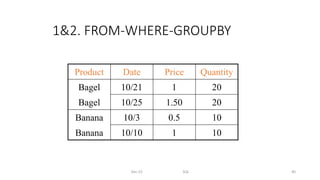 1&2. FROM-WHERE-GROUPBY
Dec-22 SQL 40
Product Date Price Quantity
Bagel 10/21 1 20
Bagel 10/25 1.50 20
Banana 10/3 0.5 10
Banana 10/10 1 10
 