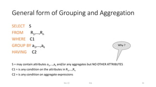 General form of Grouping and Aggregation
SELECT S
FROM R1,…,Rn
WHERE C1
GROUP BY a1,…,ak
HAVING C2
S = may contain attributes a1,…,ak and/or any aggregates but NO OTHER ATTRIBUTES
C1 = is any condition on the attributes in R1,…,Rn
C2 = is any condition on aggregate expressions
Dec-22 SQL 45
Why ?
 