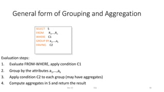 General form of Grouping and Aggregation
Dec-22 SQL 46
Evaluation steps:
1. Evaluate FROM-WHERE, apply condition C1
2. Group by the attributes a1,…,ak
3. Apply condition C2 to each group (may have aggregates)
4. Compute aggregates in S and return the result
SELECT S
FROM R1,…,Rn
WHERE C1
GROUP BY a1,…,ak
HAVING C2
 